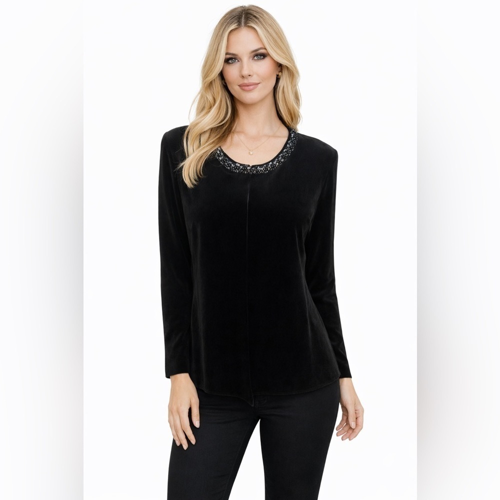 Cachet Women’s Bolero Jacket Size 12 Black Velvet/velour Beaded Neck Top Hook